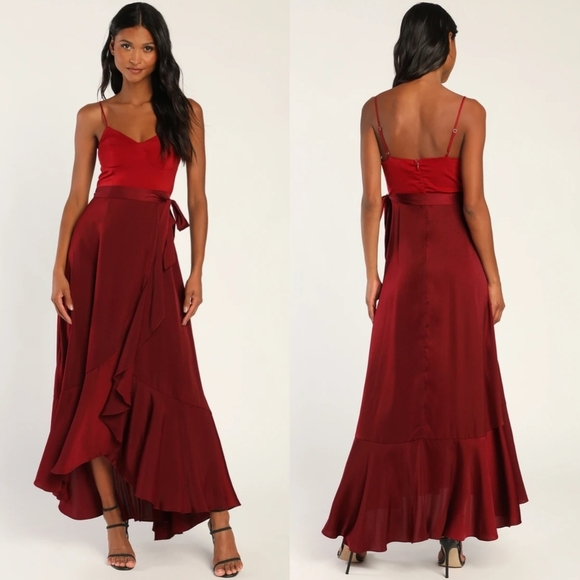Lulus Double Darling Burgundy Color Block Satin Ruffled Maxi Dress S Wedding - Picture 1 of 12